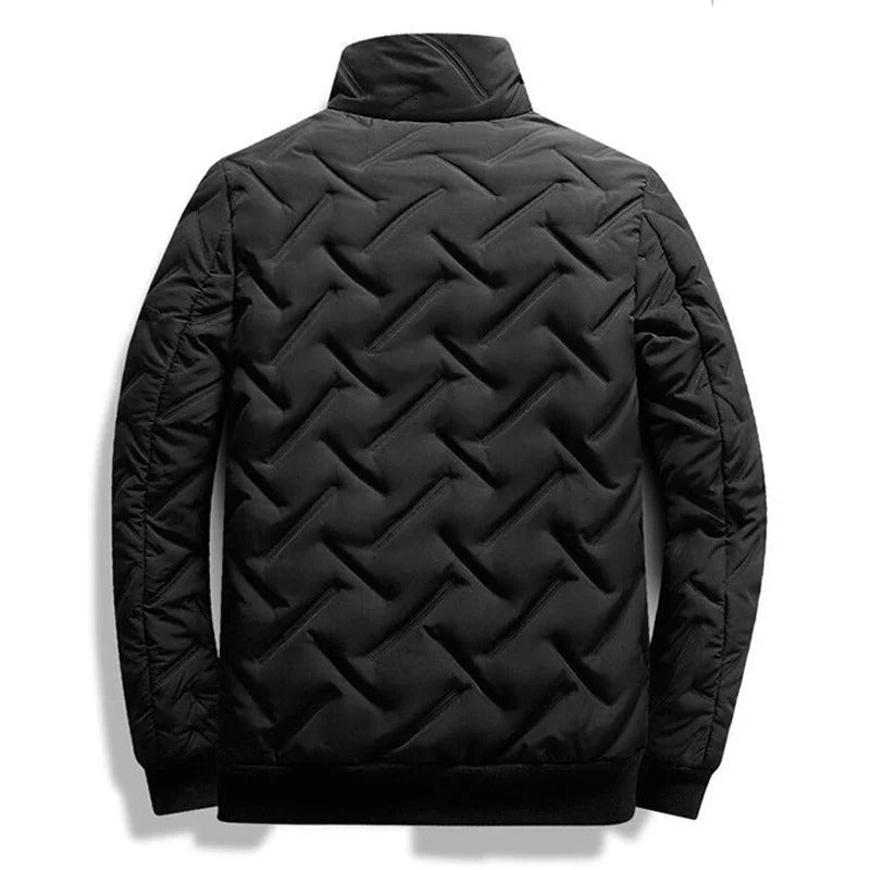 Quilted Jacket Men's Black Stand-Collar Zip-Up Padded Coat – Casual, Winter Outerwear