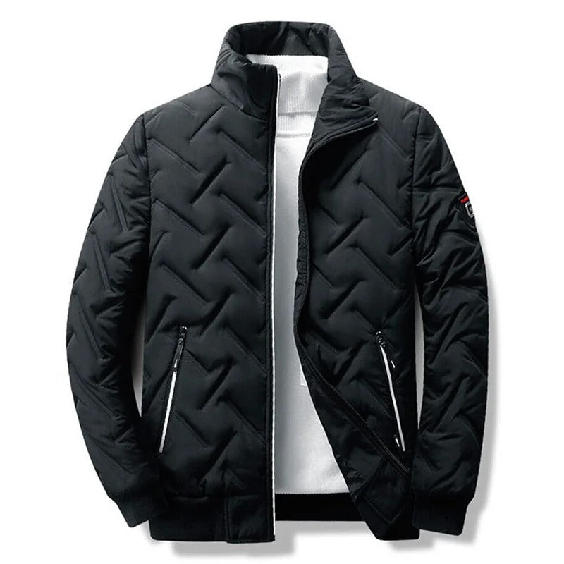 Quilted Jacket Men's Black Stand-Collar Zip-Up Padded Coat – Casual, Winter Outerwear