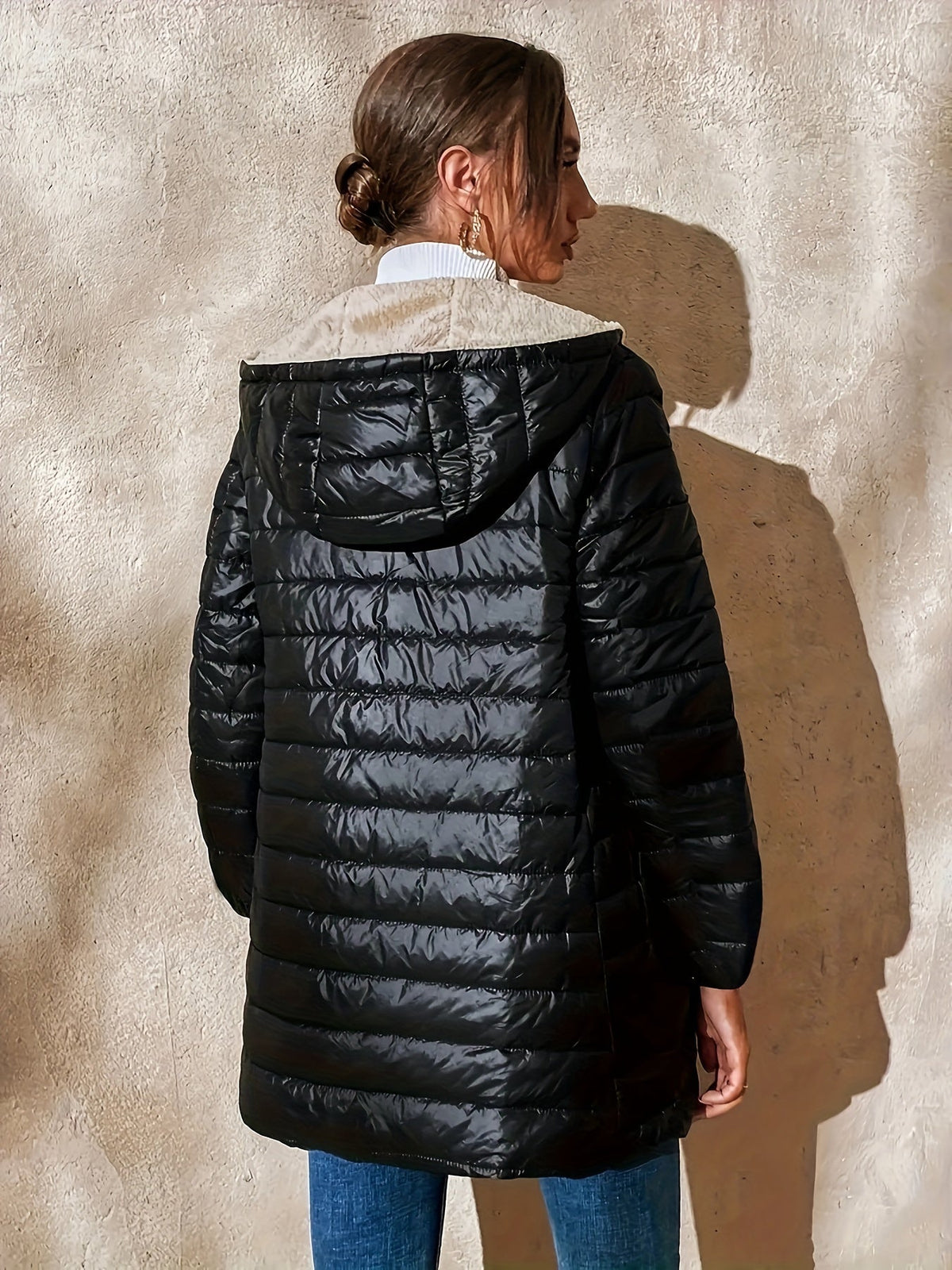 Quilted Longline Puffer Coat Women's Black Fleece-Lined – Winter, Casual