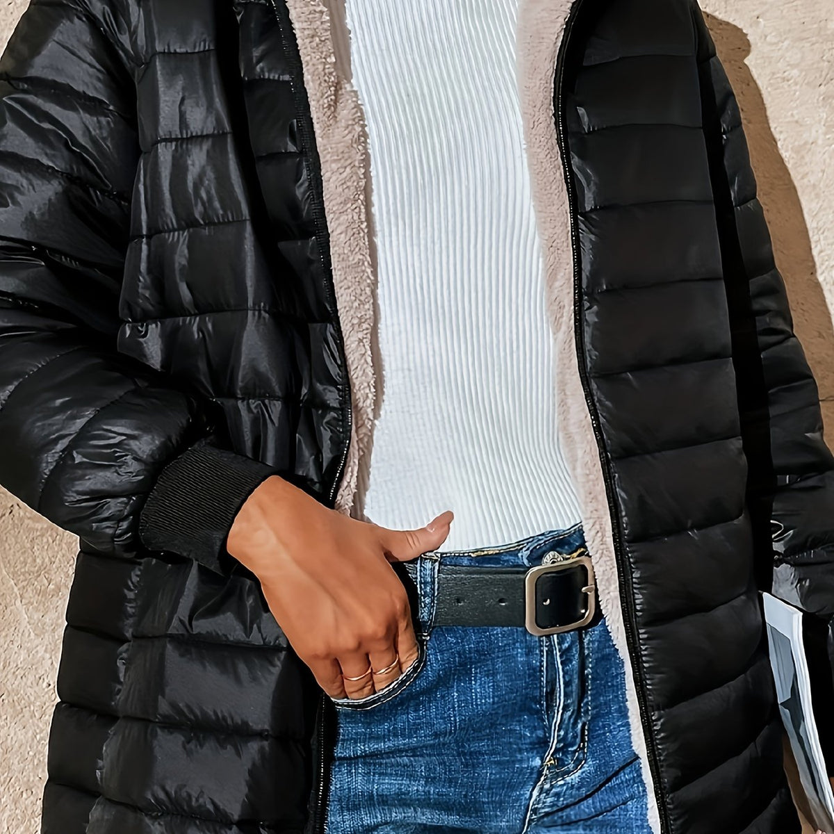 Quilted Longline Puffer Coat Women's Black Fleece-Lined – Winter, Casual