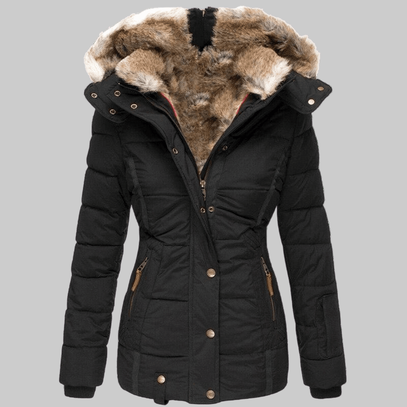 Quilted Parka Women's Black Faux Fur Hood Winter Jacket – Casual, Everyday Wear