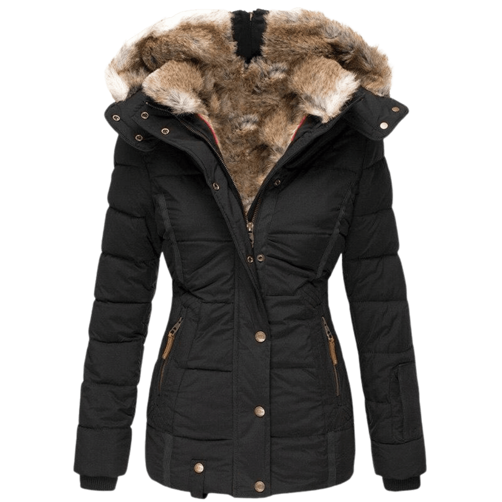 Quilted Parka Women's Black Faux Fur Hood Winter Jacket – Casual, Everyday Wear