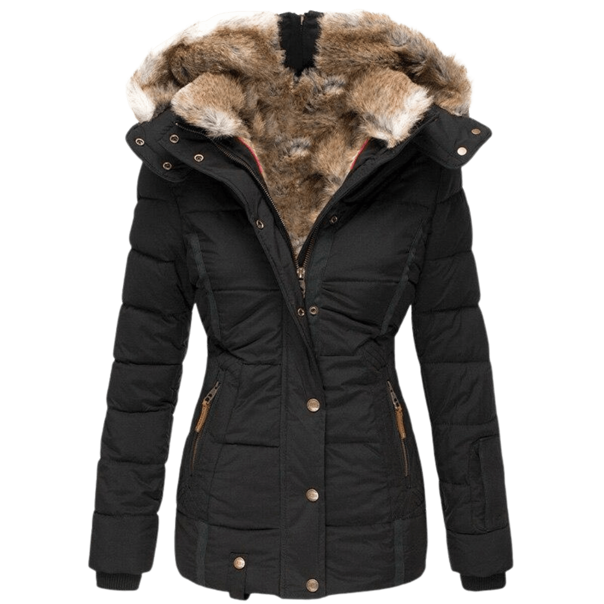Quilted Parka Women's Black Faux Fur Hood Winter Jacket – Casual, Everyday Wear