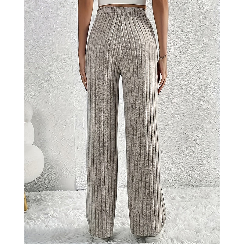 Ribbed Wide-Leg Pants Women's High-Waist Drawstring Trousers – Casual, Office