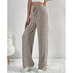 Ribbed Wide-Leg Pants Women's High-Waist Drawstring Trousers – Casual, Office