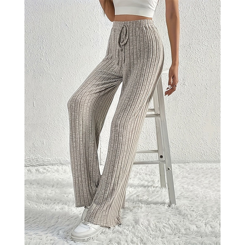 Ribbed Wide-Leg Pants Women's High-Waist Drawstring Trousers – Casual, Office