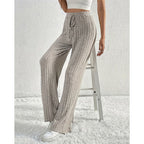Ribbed Wide-Leg Pants Women's High-Waist Drawstring Trousers – Casual, Office