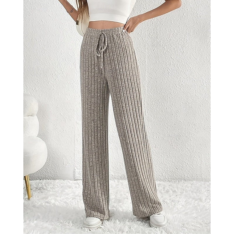 Ribbed Wide-Leg Pants Women's High-Waist Drawstring Trousers – Casual, Office