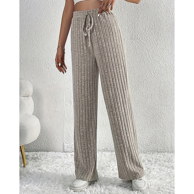 Ribbed Wide-Leg Pants Women's High-Waist Drawstring Trousers – Casual, Office
