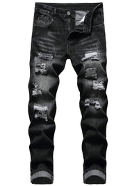 Ripped Straight-Leg Jeans Men's Distressed Black Denim – Casual, Streetwear