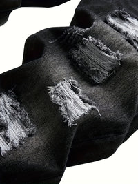 Ripped Straight-Leg Jeans Men's Distressed Black Denim – Casual, Streetwear
