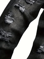 Ripped Straight-Leg Jeans Men's Distressed Black Denim – Casual, Streetwear