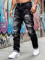 Ripped Straight-Leg Jeans Men's Distressed Black Denim – Casual, Streetwear
