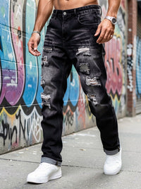 Ripped Straight-Leg Jeans Men's Distressed Black Denim – Casual, Streetwear