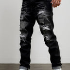 Ripped Straight-Leg Jeans Men's Distressed Black Denim – Casual, Streetwear