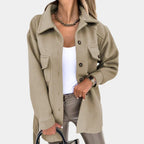 Women's Long Yellow Button-Up Shacket with Collar and Flap Pockets – Casual, Office