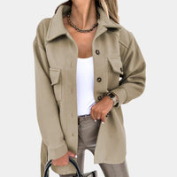 Women's Long Yellow Button-Up Shacket with Collar and Flap Pockets – Casual, Office