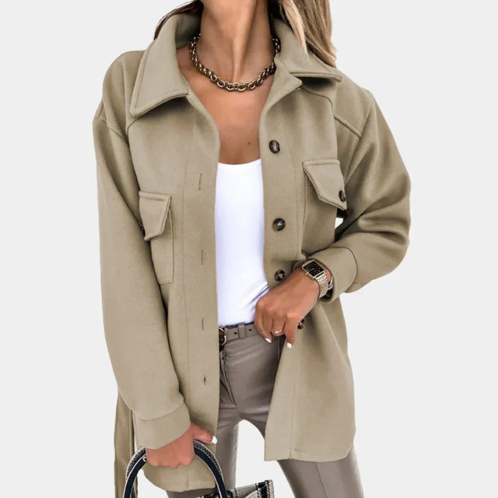 Women's Long Yellow Button-Up Shacket with Collar and Flap Pockets – Casual, Office