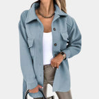 Women's Long Yellow Button-Up Shacket with Collar and Flap Pockets – Casual, Office