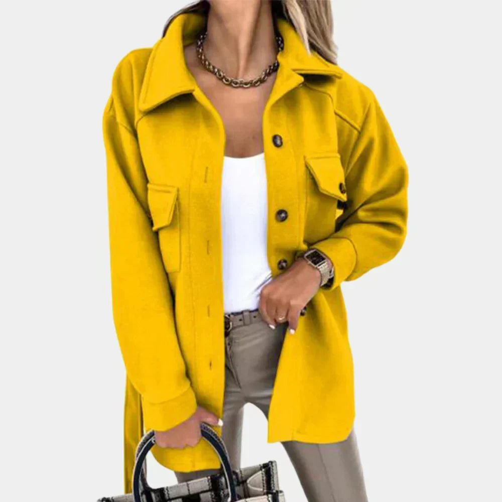 Women's Long Yellow Button-Up Shacket with Collar and Flap Pockets – Casual, Office