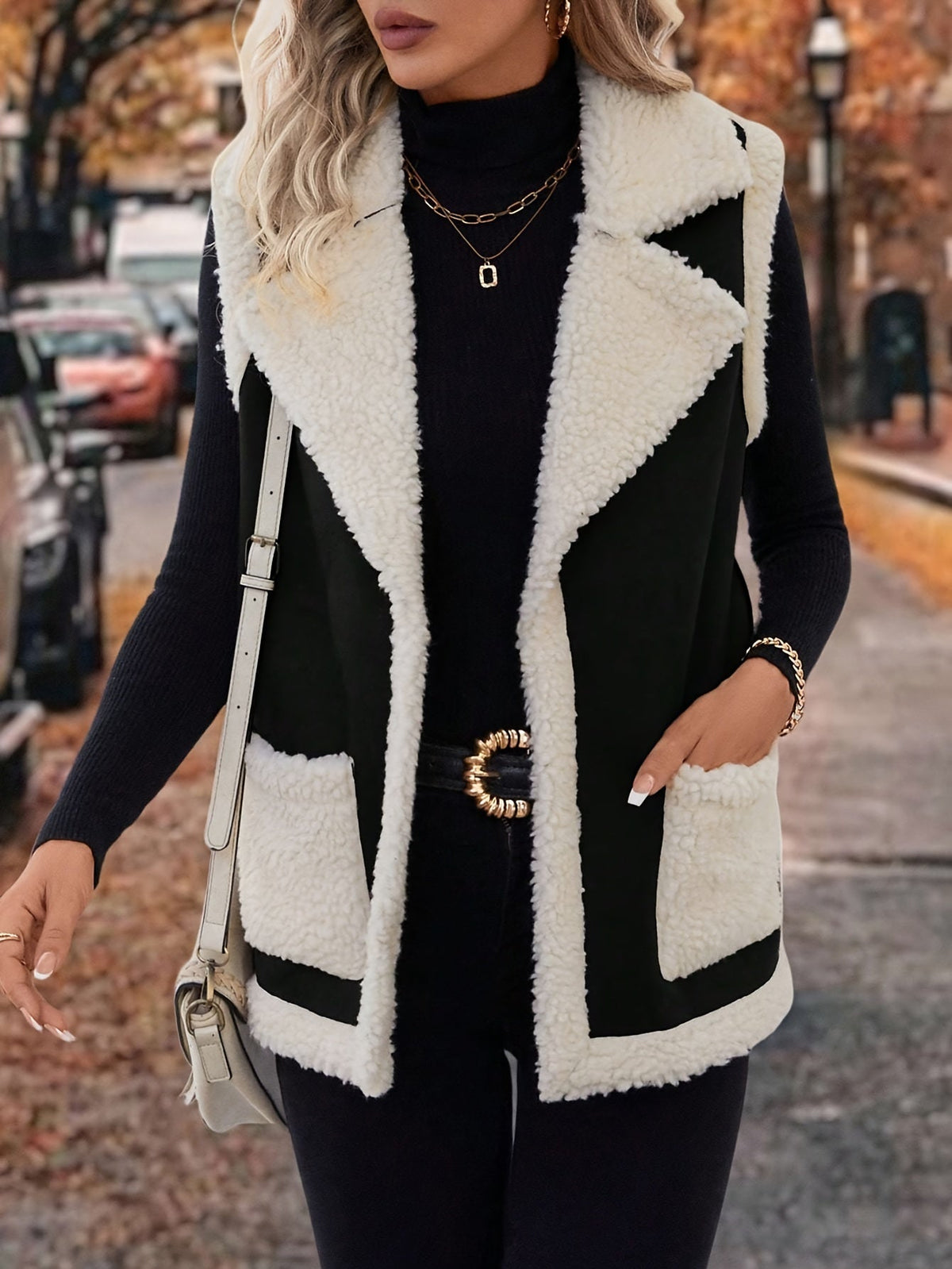Women's Sherpa Fleece Vest with Faux Suede Lapel – Casual Layering, Winter Wear