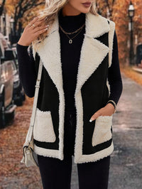 Women's Sherpa Fleece Vest with Faux Suede Lapel – Casual Layering, Winter Wear