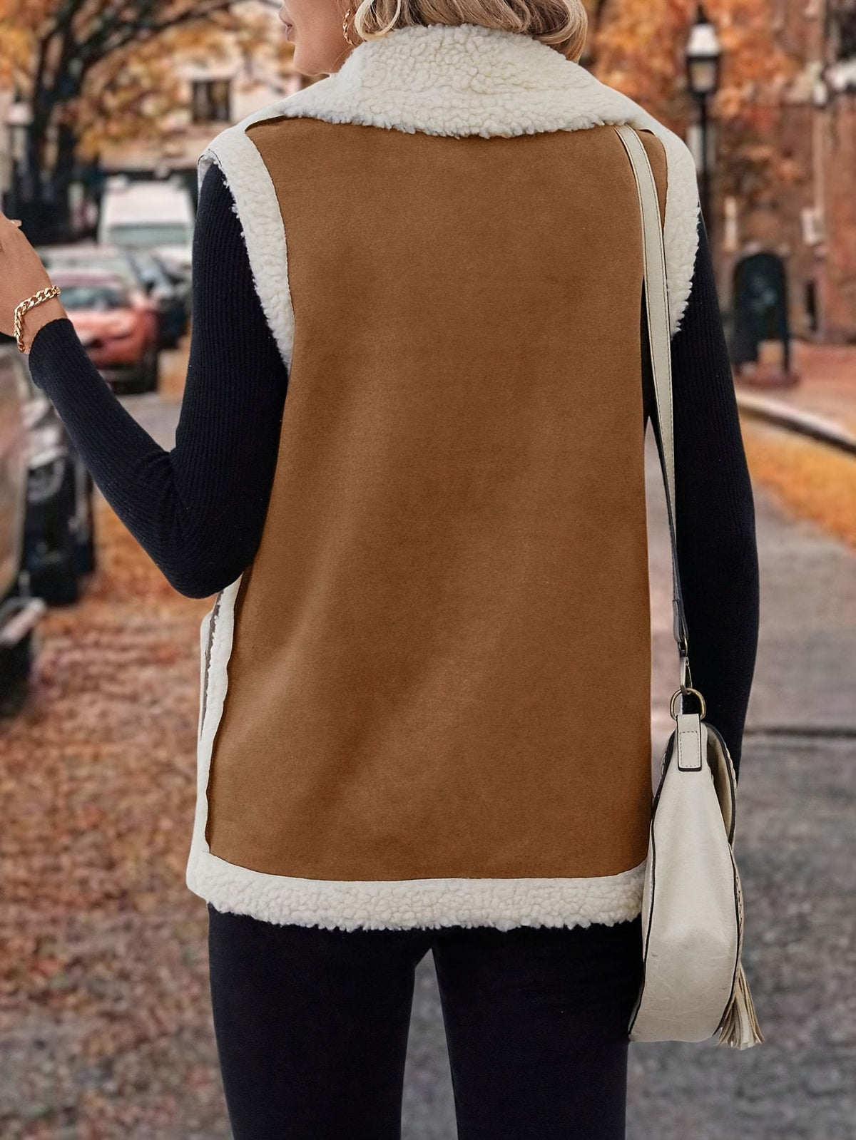 Women's Sherpa Fleece Vest with Faux Suede Lapel – Casual Layering, Winter Wear