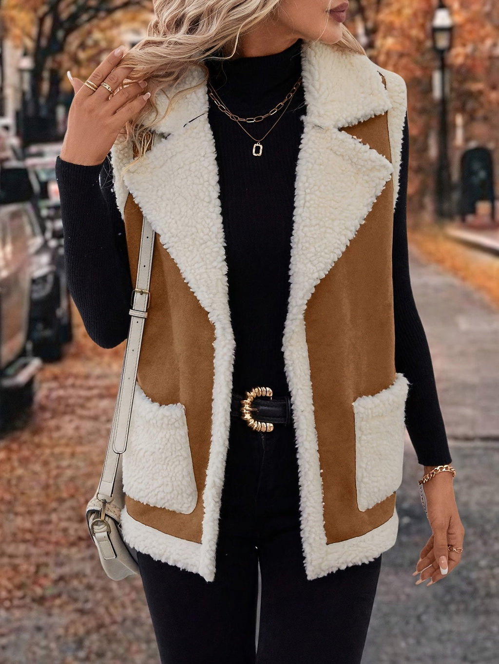 Women's Sherpa Fleece Vest with Faux Suede Lapel – Casual Layering, Winter Wear