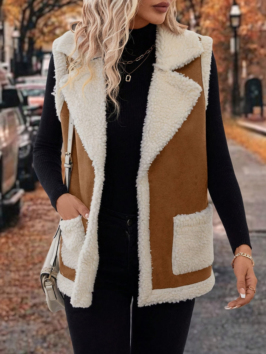 Women's Sherpa Fleece Vest with Faux Suede Lapel – Casual Layering, Winter Wear