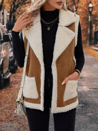 Women's Sherpa Fleece Vest with Faux Suede Lapel – Casual Layering, Winter Wear