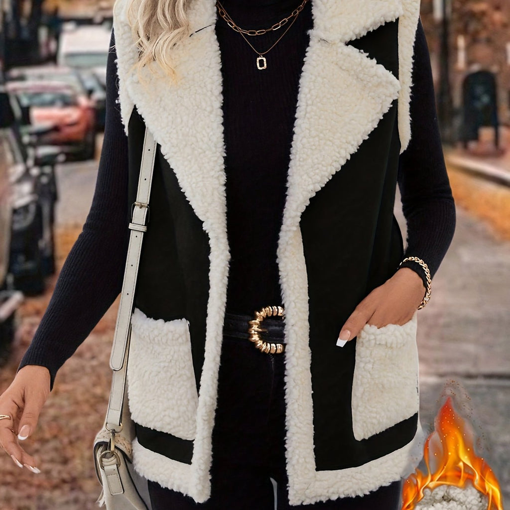 Women's Sherpa Fleece Vest with Faux Suede Lapel – Casual Layering, Winter Wear