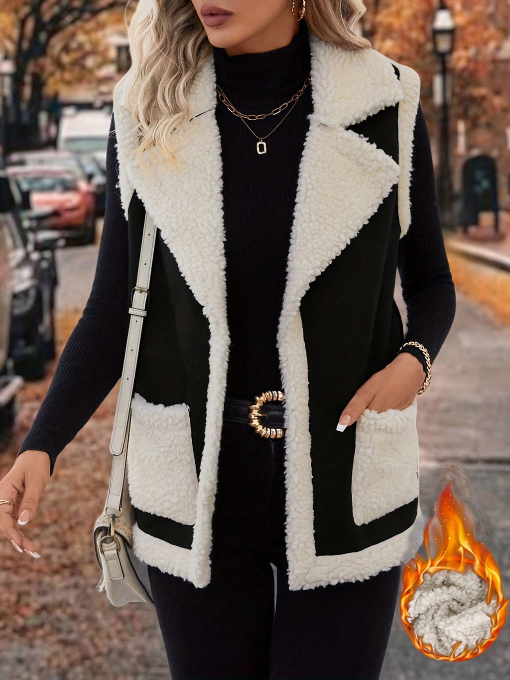 Women's Sherpa Fleece Vest with Faux Suede Lapel – Casual Layering, Winter Wear