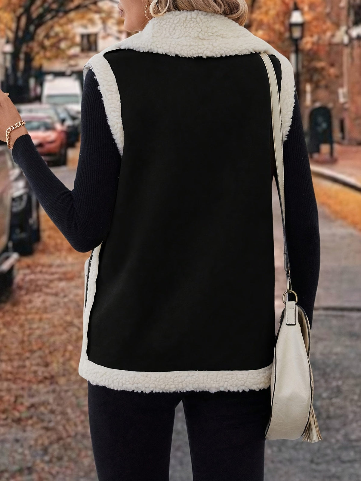 Women's Sherpa Fleece Vest with Faux Suede Lapel – Casual Layering, Winter Wear