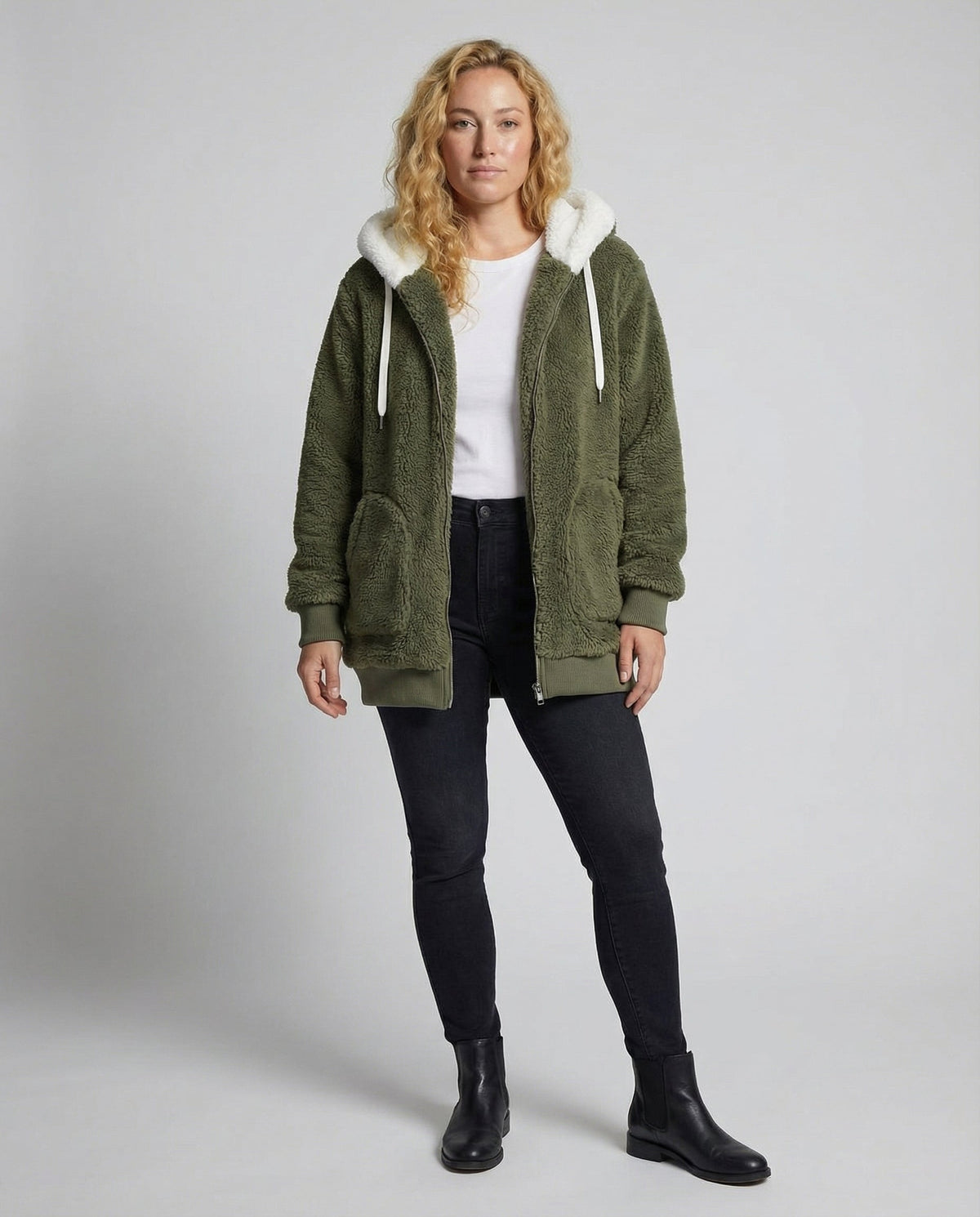 Sherpa Jacket Women's Hooded Full Zip Fleece Green – Casual, Winter Gift