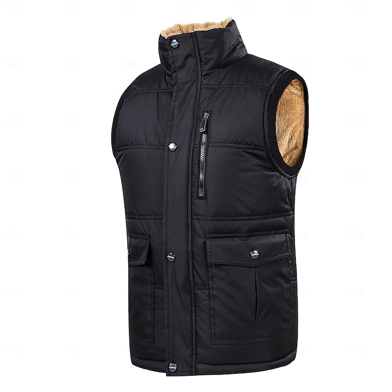 Sherpa-Lined Puffer Vest Men's Black Fleece – Casual, Winter Outdoor