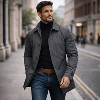 Gray Single-Breasted Coat Men's Button-Front Collared Jacket – Casual, Office