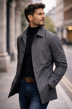 Gray Single-Breasted Coat Men's Button-Front Collared Jacket – Casual, Office