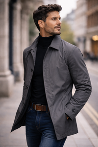Gray Single-Breasted Coat Men's Button-Front Collared Jacket – Casual, Office