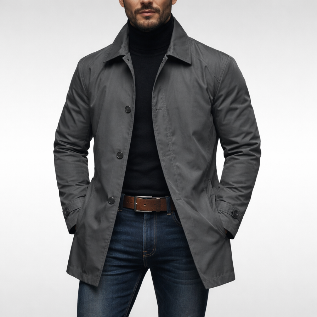 Gray Single-Breasted Coat Men's Button-Front Collared Jacket – Casual, Office