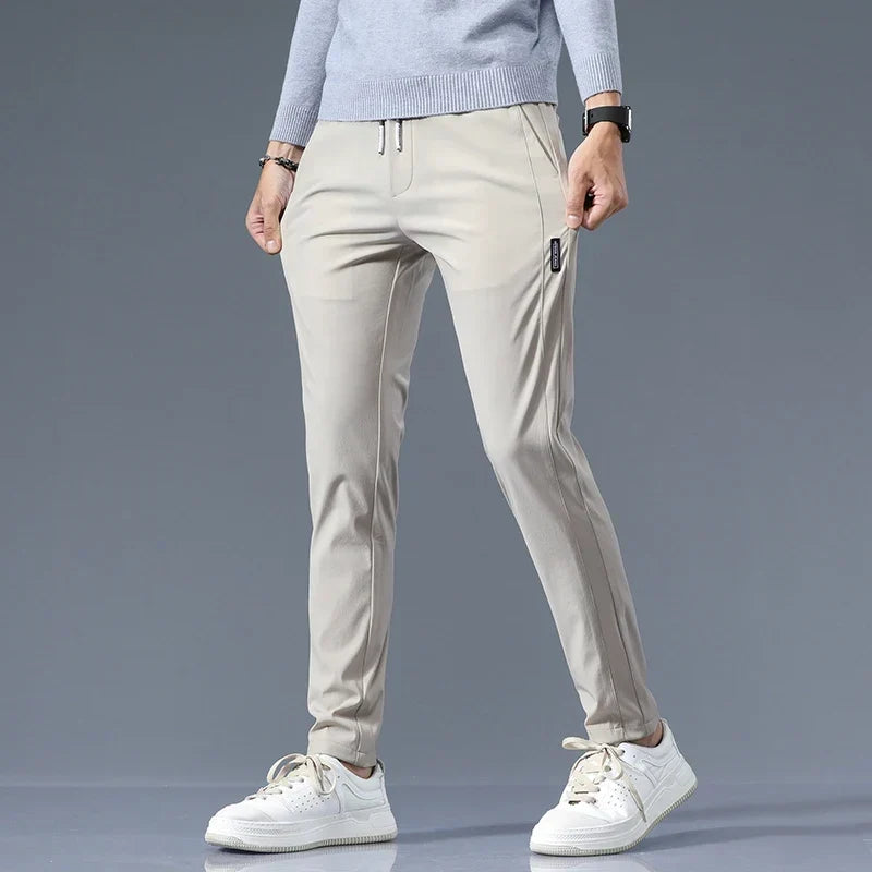 Slim-Fit Pants Men's Drawstring Waist Elastic Beige – Office, Everyday Wear