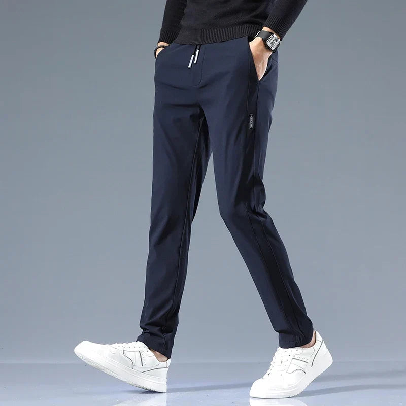 Slim-Fit Pants Men's Drawstring Waist Elastic Beige – Office, Everyday Wear