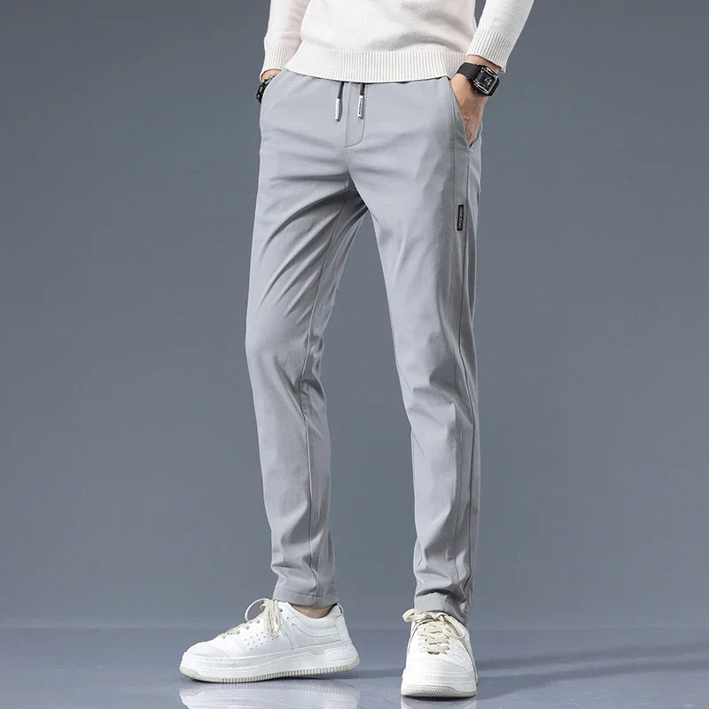 Slim-Fit Pants Men's Drawstring Waist Elastic Beige – Office, Everyday Wear