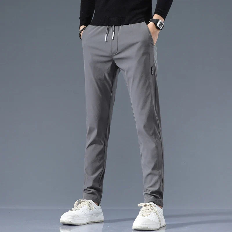 Slim-Fit Pants Men's Drawstring Waist Elastic Beige – Office, Everyday Wear