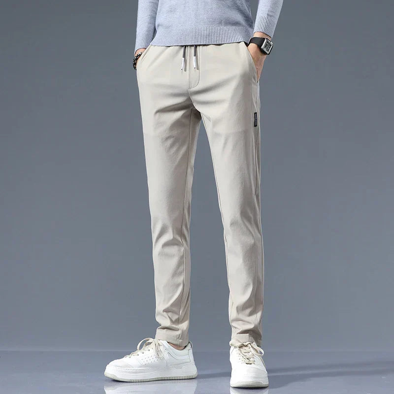 Slim-Fit Pants Men's Drawstring Waist Elastic Beige – Office, Everyday Wear
