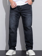 Straight-Leg Denim Jeans Men's Blue Washed Stretch – Casual, Office