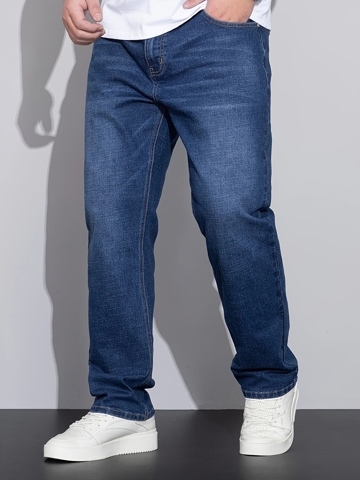 Straight-Leg Denim Jeans Men's Blue Washed Stretch – Casual, Office