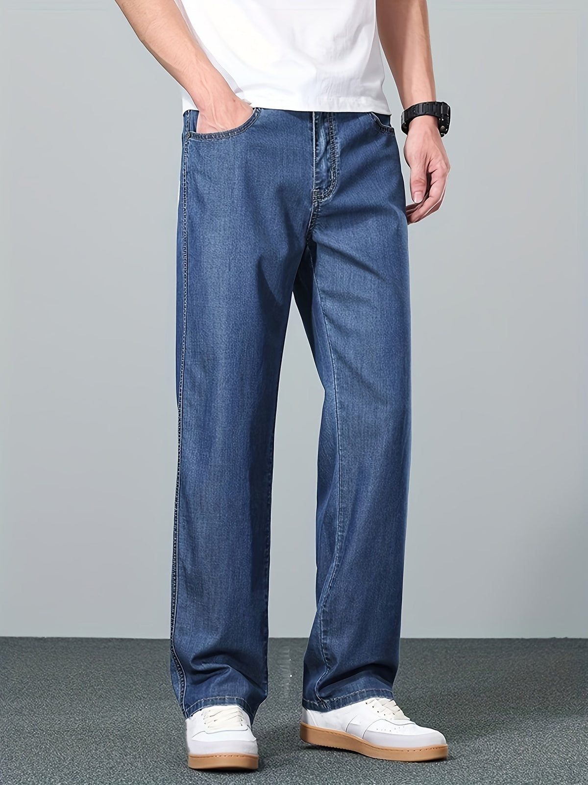 Straight-Leg Jeans Men's Relaxed Fit Denim Blue Mid-Rise – Casual, Office