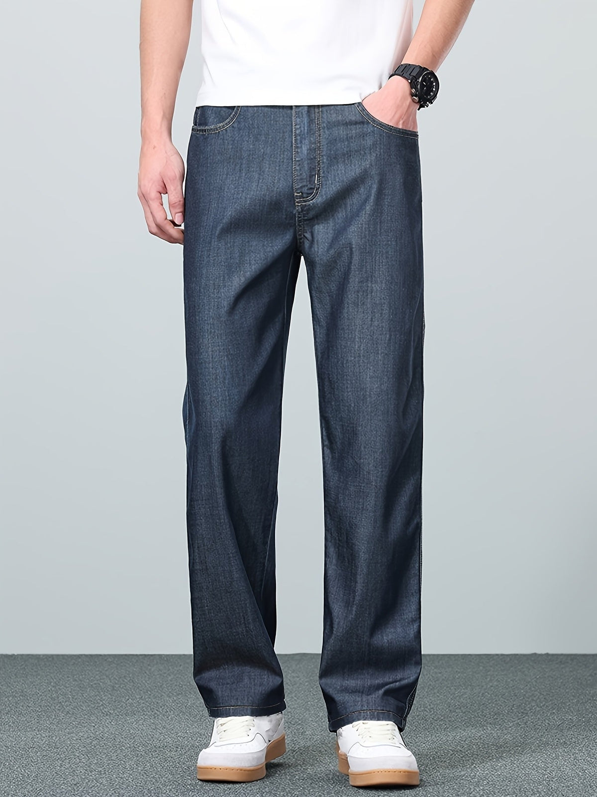 Straight-Leg Jeans Men's Relaxed Fit Denim Blue Mid-Rise – Casual, Office