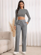Straight-Leg Sweatpants Women's Gray High Waist Drawstring – Casual, Loungewear