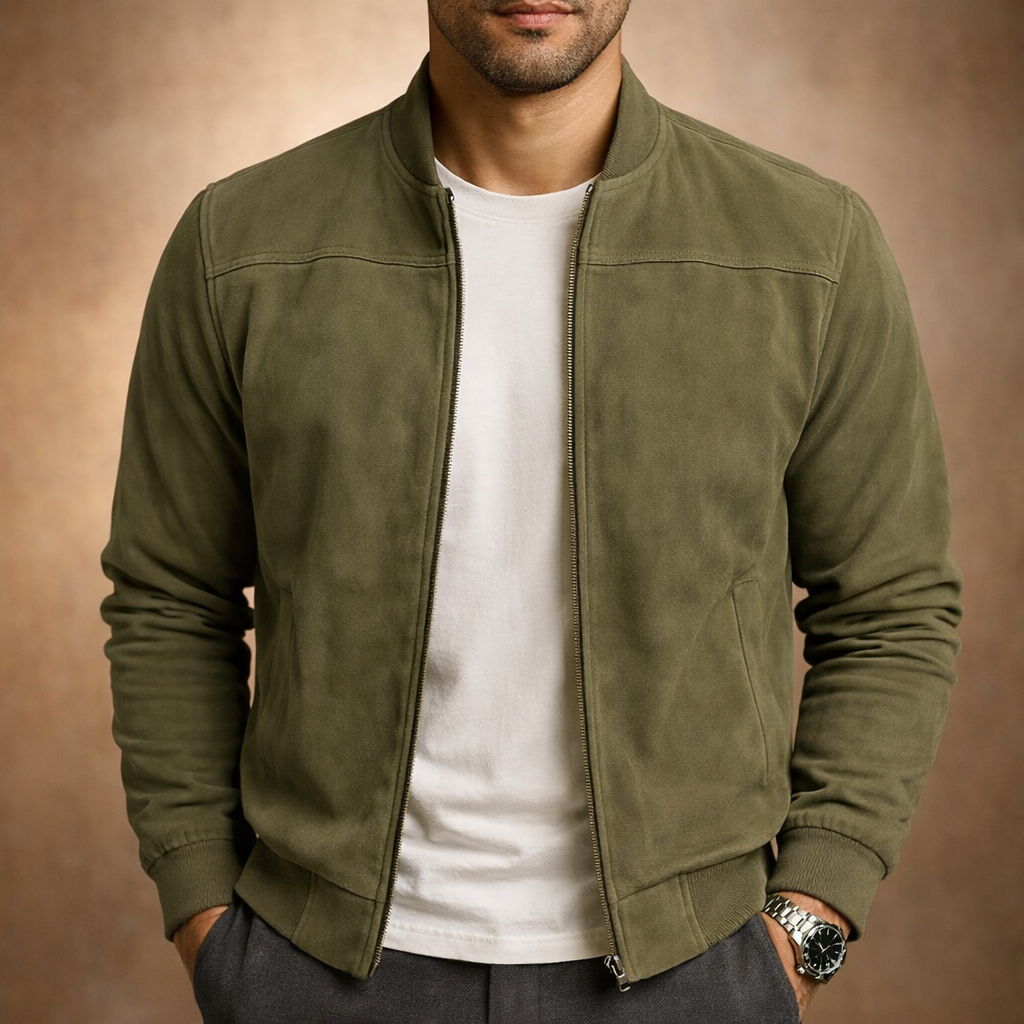 Men's Brown Bomber Jacket Zip-Up Stand Collar – Office, Holiday